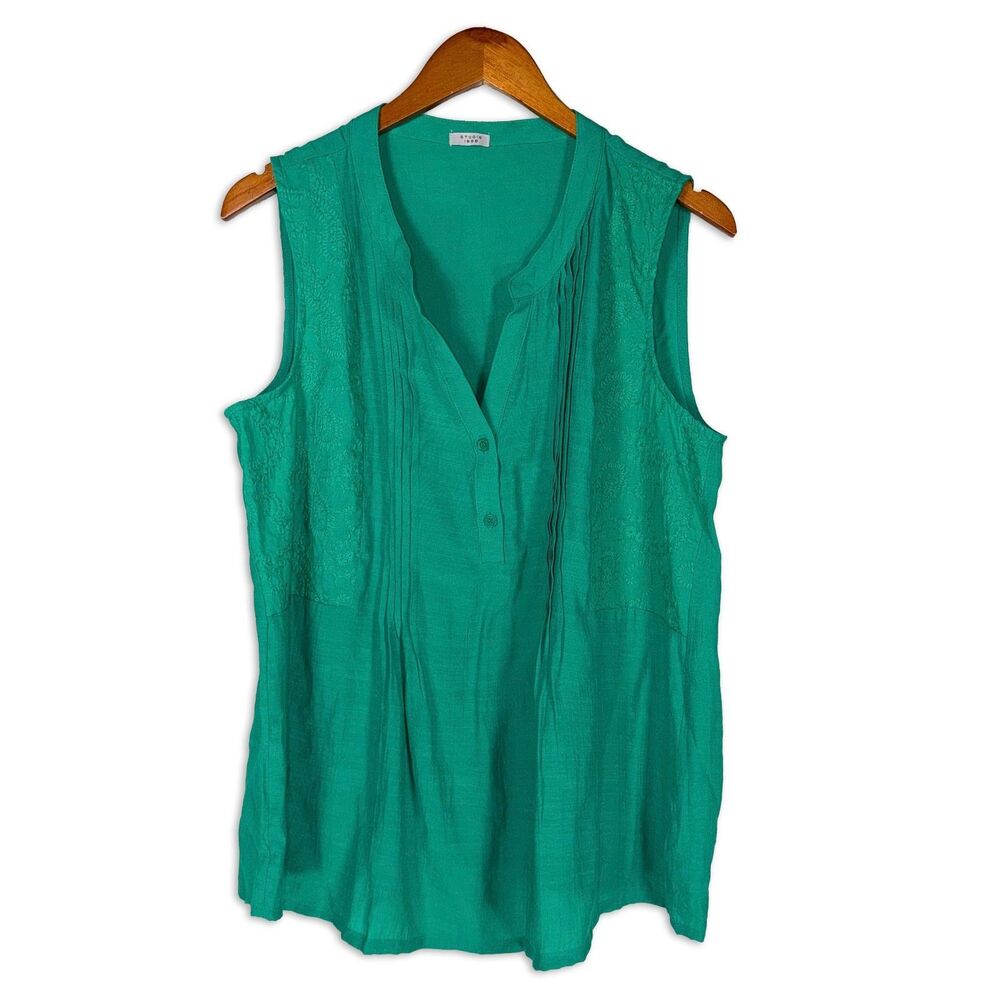 Studio 1886 Embroidered Tunic Blouse Green Jade Sleeveless Boho Large